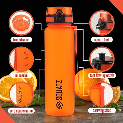 SQUATZ 34 Oz Poseidon Series Frosted Water Bottle - Premium Quality Wide Mouth Gym Flask with Fruit Infuser Strainer, Fixed Carrying Strap, Leak Resistance, and Zero Condensation Orange