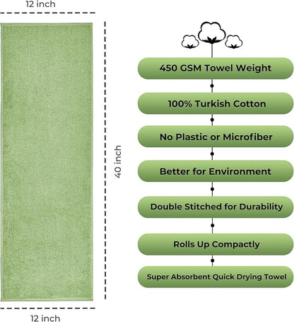 NUKURA 12” x 40” Gym Sweat Towel, 450 GSM, 100% Cotton, High Absorbency, Extra Soft & Quick Dry Workout, Yoga & Fitness Neck Towel – Sage Green