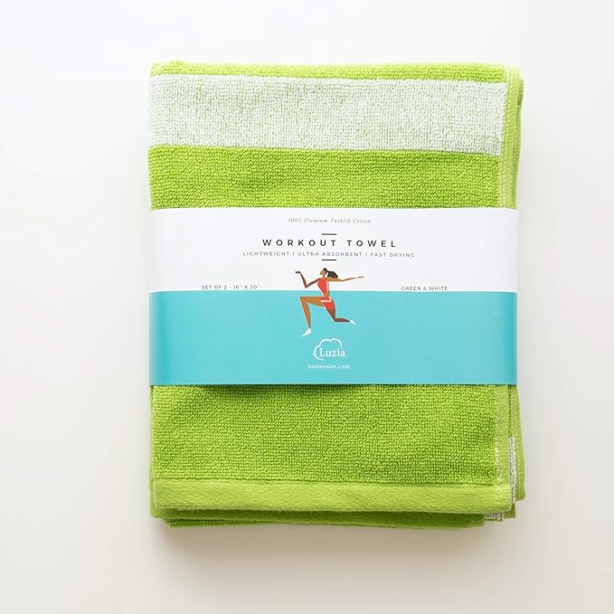 Luzia Striped Workout Towel for Sweat (Pack of 2) - Premium Quality 100% Turkish Cotton - Lightweight and Super Absorbent for Exercise, Sports, Workout, Fitness, Gym, Yoga, Running (Green)