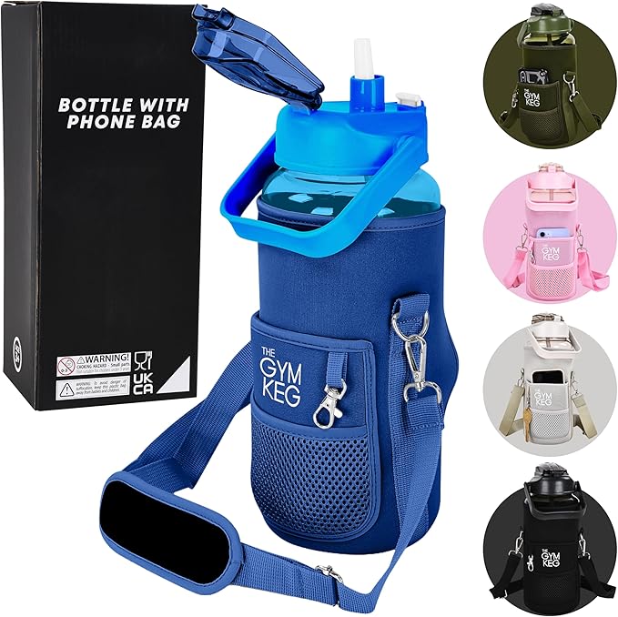 Gym Keg Plastic Water Bottles - 74 oz Bottle Jug with Sleeve & Phone Holder - BPA-free - Sweat & Leak Proof - Water Bottle with Straw and Handle for Workouts, Jogging, Travel, Gym - Blue