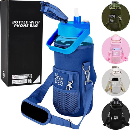 Gym Keg Plastic Water Bottles - 74 oz Bottle Jug with Sleeve & Phone Holder - BPA-free - Sweat & Leak Proof - Water Bottle with Straw and Handle for Workouts, Jogging, Travel, Gym - Blue