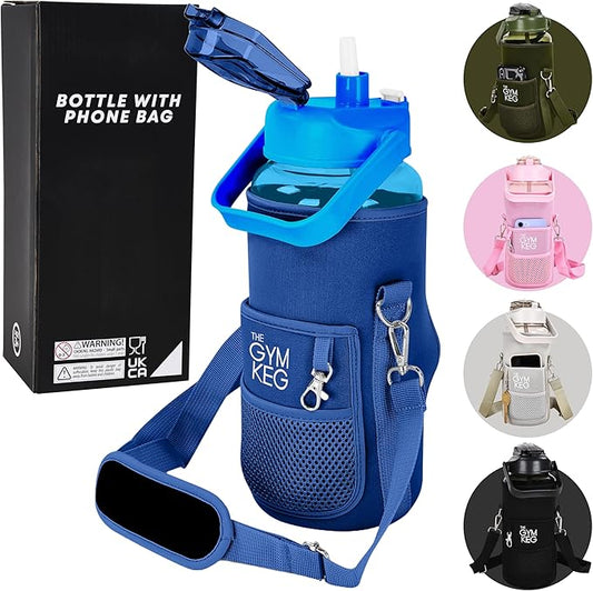 Gym Keg Plastic Water Bottles - 74 oz Bottle Jug with Sleeve & Phone Holder - BPA-free - Sweat & Leak Proof - Water Bottle with Straw and Handle for Workouts, Jogging, Travel, Gym - Blue
