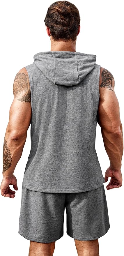 COOFANDY Mens Sleeveless Workout Hoodie Shorts Set 2 Piece Outfits Hooded Tank Tops Gym Tracksuit Sweatsuits