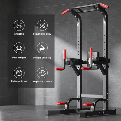 DlandHome Power Tower Pull Up Bar Station, Heavy Duty Adjustable Height for Home Gym Strength Training Equipment 330LBS Weight Capacity, Pull Up Dip Station