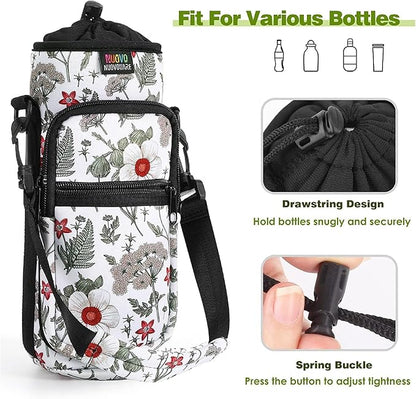 Nuovoware Water Bottle Carrier Bag,25oz/40oz/64oz Bottle Pouch Holder,Adjustable Shoulder Hand Strap 2 Pocket Sling Neoprene Sleeve Sports Accessories for Hiking Travelling Camping