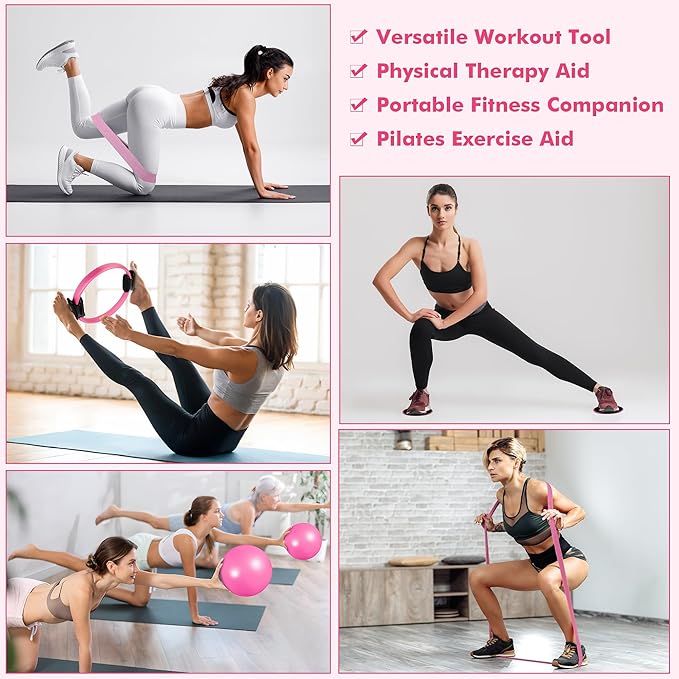 Pilates Ring Set Exercise Equipment, with Exercise Resistance Bands Set, Pilates Ball, Sliding Disks. Portable Home Gym - with Fitness Guide Poster