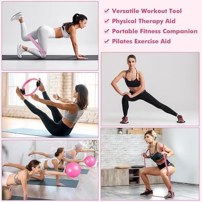 Pilates Ring Set Exercise Equipment, with Exercise Resistance Bands Set, Pilates Ball, Sliding Disks. Portable Home Gym - with Fitness Guide Poster