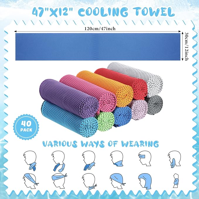 Hosuly 40 Pcs 47 x 12'' Cooling Towels for Neck Face Microfiber Breathable Chilly Ice Towel for Yoga Golf Gym Workout Sport Camping Running Activities Hot Weather