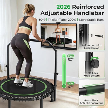 BCAN BT2 450/550LBS Mini Rebounder Trampoline for Adults with Bar, Fitness Trampoline with Bungees, Adjustable Handle, Stable & Quiet, Indoor Outdoor, Whole-Body Workout & Relaxation at Home-40IN/48IN