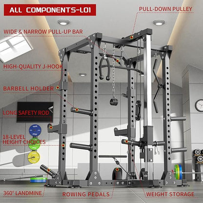 Power Rack Power Cage Multi-Function Squat Rack with Cable Crossover System Selectable More Training Attachment Power Rack for Garage & Home Gym