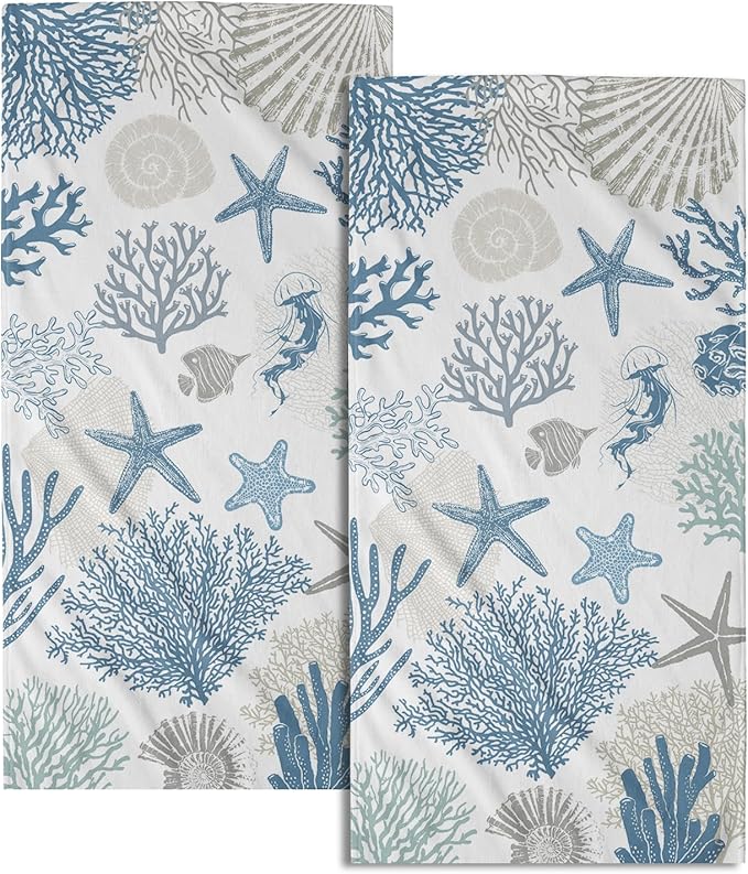 Nautical Blue Bathroom Hand Towels 2 Pack 14"x28" Sea Coral Starfish Kitchen Tea Dish Towels Coastal Ocean Theme Summer Soft Absorbent Face Towels for Bath Fingertip Gym Spa