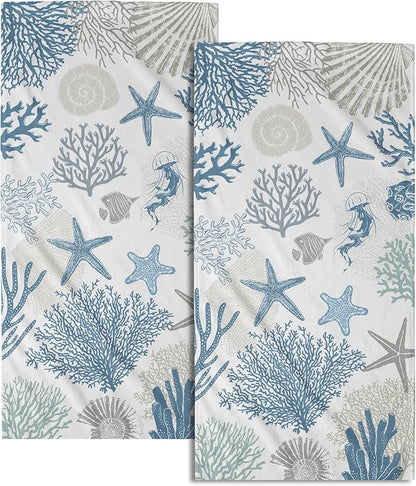 Nautical Blue Bathroom Hand Towels 2 Pack 14"x28" Sea Coral Starfish Kitchen Tea Dish Towels Coastal Ocean Theme Summer Soft Absorbent Face Towels for Bath Fingertip Gym Spa