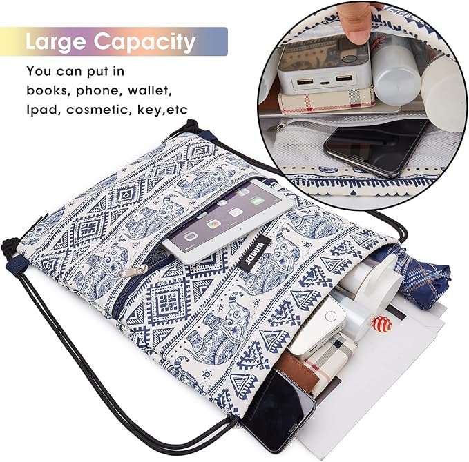 WANDF Drawstring Backpack String Bag Sackpack Cinch Water Resistant Nylon for Gym Shopping Sport Yoga (Blue Elephant with zipper)