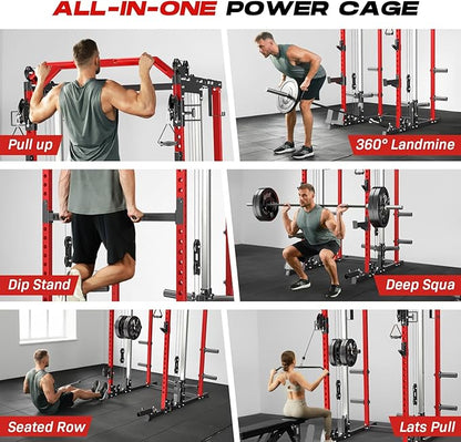 Power Cage Home Gym, Dual Pulley Cable Crossover System, All-in-One Squat Power Rack with Strength Training Attachments for Full-Body Workouts