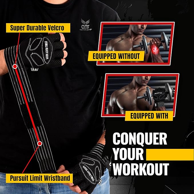 QTF Weight Lifting Gym Workout Gloves with Long Wrist Strap, Fingerless Gym Gloves for Men & Women, Full Palm Protection, for Weightlifting, Training, Fitness, Hanging