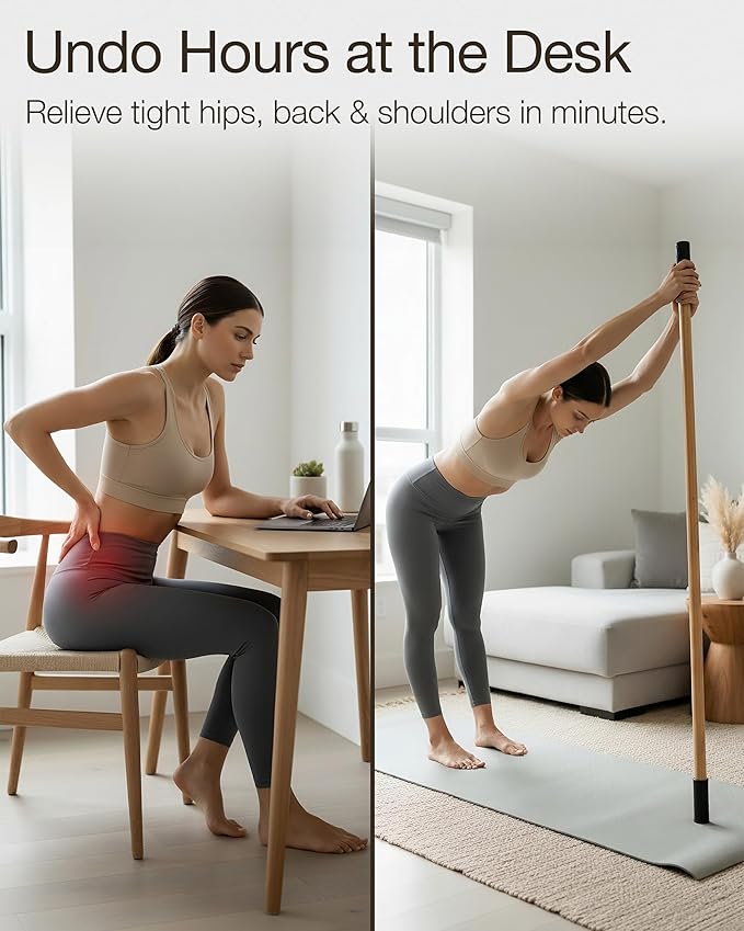 Yoga Stick - 5ft Bamboo Stretching Stick for Mobility with 20+ Video Tutorials - Posture Corrector, Stiffness Relief - Dowel Rod for Physical Therapy, Exercise Stick for Stretching with Non-Slip Grips