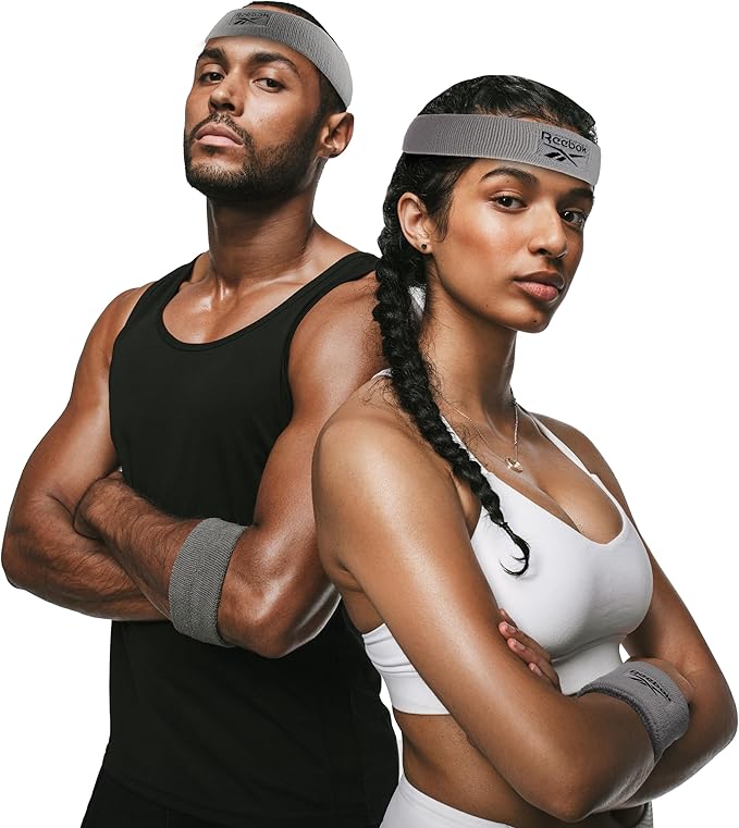 3pc Unisex Athletic Sweatband Set - 2.25in Workout Headband & 3.25in Wristbands w/Stay Dry Technology, Terry Cloth Band Moisture-Wicking Fabric | Quality Fitness Accessories for Active Comfort-Reebok