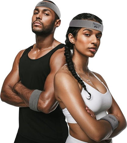 3pc Unisex Athletic Sweatband Set - 2.25in Workout Headband & 3.25in Wristbands w/Stay Dry Technology, Terry Cloth Band Moisture-Wicking Fabric | Quality Fitness Accessories for Active Comfort-Reebok