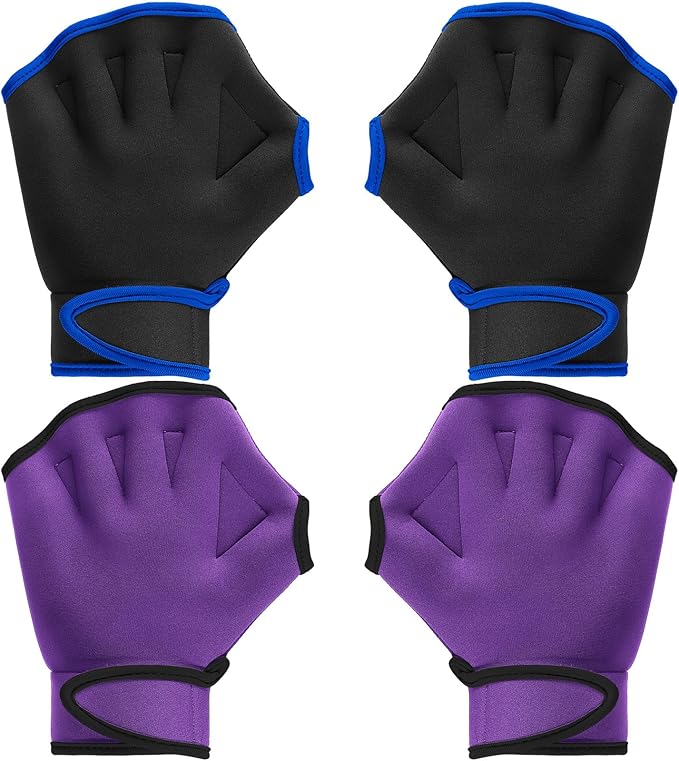 Sumind 2 Pairs Swimming Gloves Aquatic Training Gloves Neoprene Mittens Webbed Fitness Water Aerobics Resistance Training for Women Men Swimming Diving(Medium,Black/ Blue, Purple/ Black)