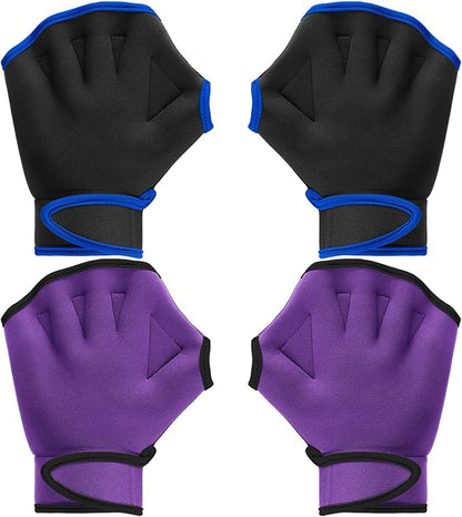 Sumind 2 Pairs Swimming Gloves Aquatic Training Gloves Neoprene Mittens Webbed Fitness Water Aerobics Resistance Training for Women Men Swimming Diving(Medium,Black/ Blue, Purple/ Black)