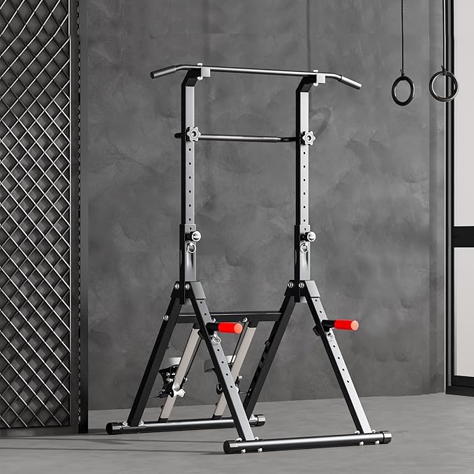 Power Tower Pull Up Station, soges Foldable Pull Up Bar Dip Station with Stair Stepper, Adjustable Free Standing Strength Training Equipment for Home Gym, Multi-Function Workout Tower