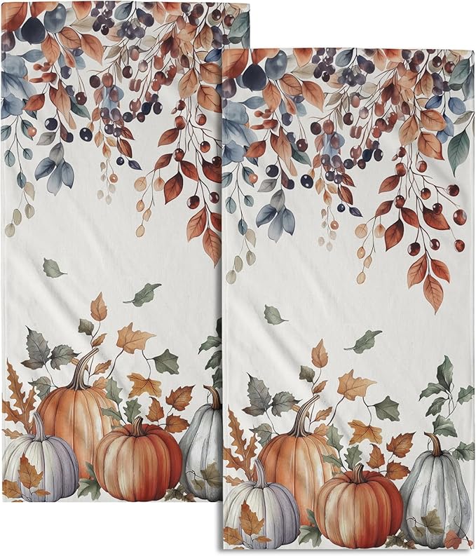 Fall Pumpkins Bathroom Towels Set Autumn Leaves Hand Towels Thanksgiving Maple Leaves Kitchen Towels Watercolor Pumpkin Harvest Dish Towels Absorbent Fingertip Towel for Hotel Beach Gym Spa 28x14 inch