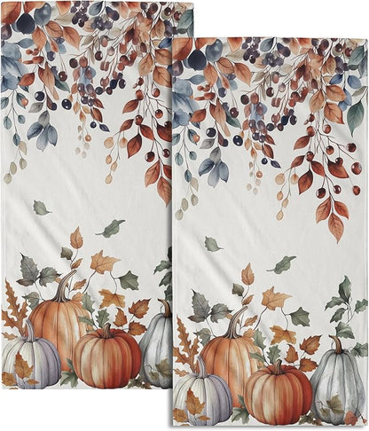 Fall Pumpkins Bathroom Towels Set Autumn Leaves Hand Towels Thanksgiving Maple Leaves Kitchen Towels Watercolor Pumpkin Harvest Dish Towels Absorbent Fingertip Towel for Hotel Beach Gym Spa 28x14 inch