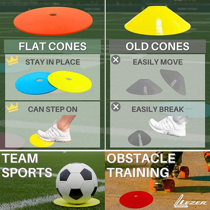 LEZER 6 Inch 8 Inch Flat Cones, Spot Markers, Soccer Cones, Field Court Markers, Sit Spots, Flat Discs, Soccer Training Equipment, Agility Practice, Football, Made in Taiwan