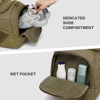 3-in-1 Tactical Gym & Travel Duffle Bag Backpack Men Multi-Functional 45L Military Sports Duffle Bag with Shoe Compartment & Wet Pocket for Workout Weekender Overnight Bag with Molle Webbing, Brown