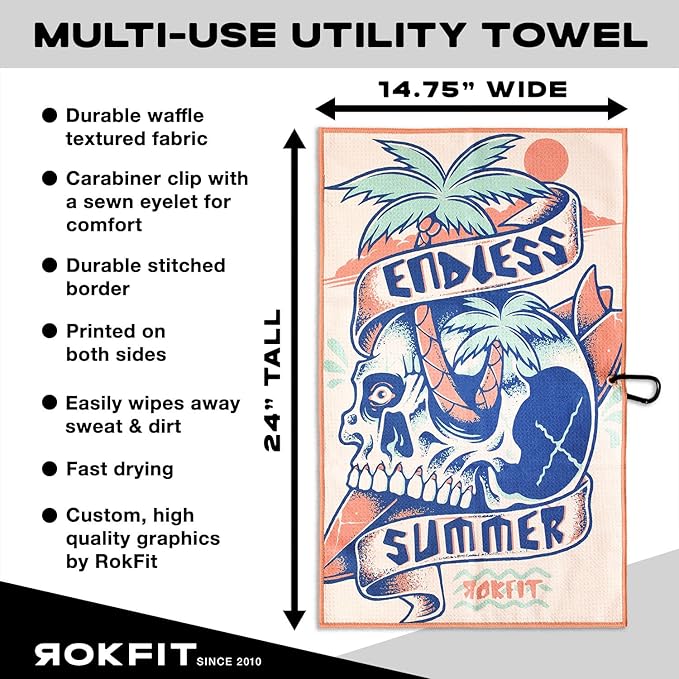 RokFit Gym & Golf Towel – Multi-Use, Quick-Dry, Durable Utility Towel with Bold Graphic and Carabiner Clip (Endless Summer)