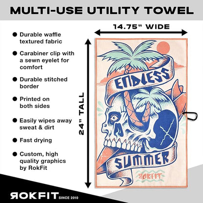 RokFit Gym & Golf Towel – Multi-Use, Quick-Dry, Durable Utility Towel with Bold Graphic and Carabiner Clip (Endless Summer)