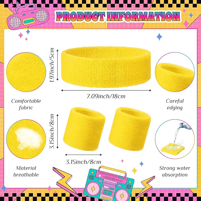 3 Pack Neon Sweatbands Set 80s Wristband and Headband Color War Accessories Sports Sweatbands for Summer Ball Party