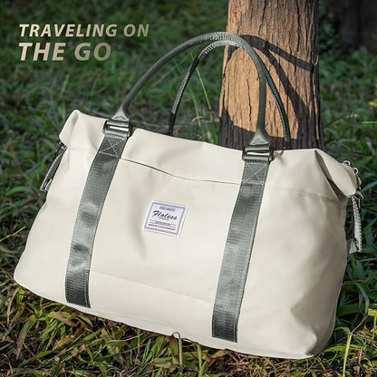 WISEPACK Travel Duffel Bags for Women & Men - Waterproof Weekender, Carry-On, Sports & Gym Bag with Wet Pocket, Overnight & Workout Duffel with Trolley Sleeve - Beige with Green