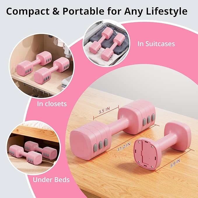 2-in-1 Adjustable Dumbbell Set for Women - 4 Levels (2.2lbs to 12.1lbs) - Home Gym Weights for Women at Home - Fitness Dumbbells