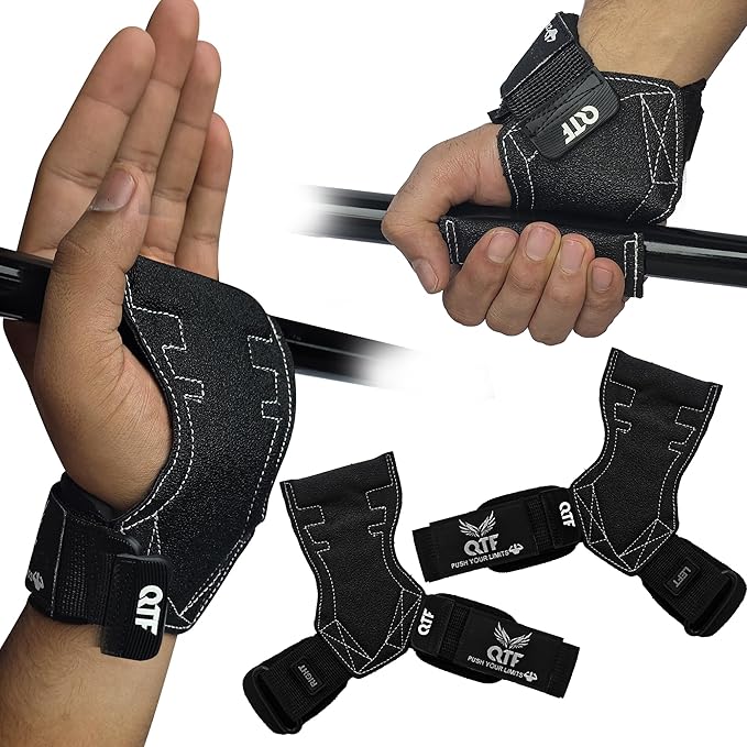 QTF Weight Lifting Grips (Pair) for Heavy Powerlifting, Wrist Straps for Deadlifts, Rows, Pull Ups, with Neoprene Padded Wrist Wraps Support and Strong Rubber Gloves or Straps for Bodybuilding.