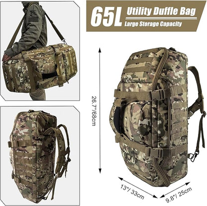 65L Large Duffle Bag, 3-in-1 Tactical Backpack MOLLE Pack for Sports, Gym, Outdoor, CP