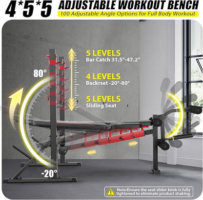 OPPSDECOR 900LBS Weight Bench Set with Squat Rack Foldable Bench Press Set with Leg Extension & Leg Curl Professional Flat/Incline/Decline Workout Bench for Home Gym Full Body Exercise