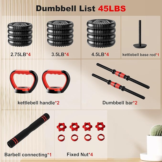 Adjustable Dumbbell Set, 10/20/30/45/70/90lbs Free Weight Set with Connector, 5 in1 Dumbbells Set Used as Barbell, Kettlebells, Push up Stand,Weight Plate, Fitness Exercises for Home Gym Suitable Men/Women