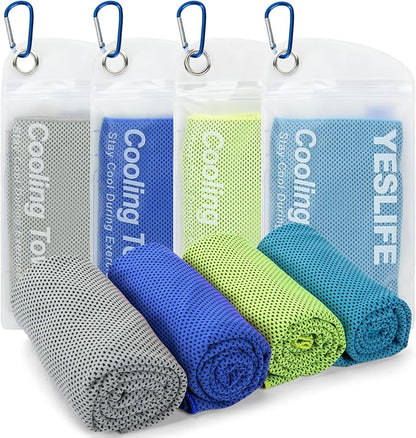 YESLIFE 4 Pack Cooling Towels 40"x12", Gym Towels for Men and Women, Soft Breathable Workout Towels for Yoga, Running, Sport, Workout, Camping, Fitness & More (Deep Blue, Grey, Green, Light Blue)