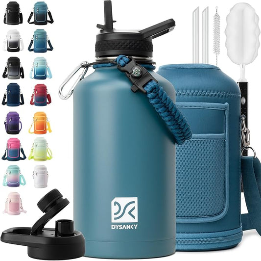 Insulated Water Bottle | Thickened Stainless Steel Vacuum Metal | Portable Sports Half Gallon Large Water Jug for Gym and Hiking with Straw, Carrier Bag, Handle Strap | BPA-Free 64 oz