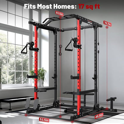 Sportsroyals Squat Rack, LAT Power Cage, Power Rack Multi-Function with Pulley System and Training Attachments for Home Gym