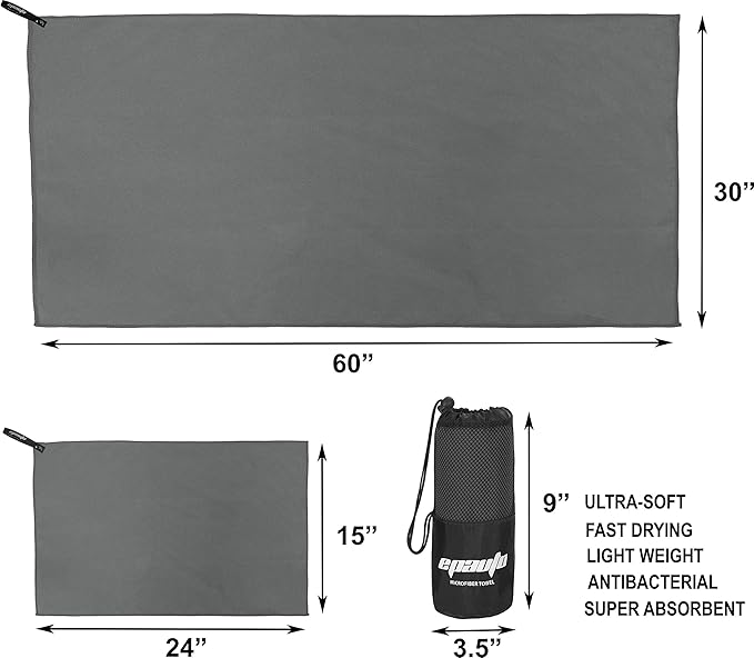 EPAuto 2-Pack Microfiber Quick Dry Towel Set - Lightweight, Super Absorbent & Compact Travel Towels (60"x30" & 24"x15") for Gym, Camping, Beach, Yoga & Backpacking, Gray