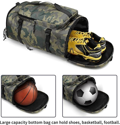 Floral gym duffel bag backpack, fashion wrestling bag,with shoe compartment, 4 kinds of back method waterproof travel sports walking laptop Lightweight (A-Camouflage)