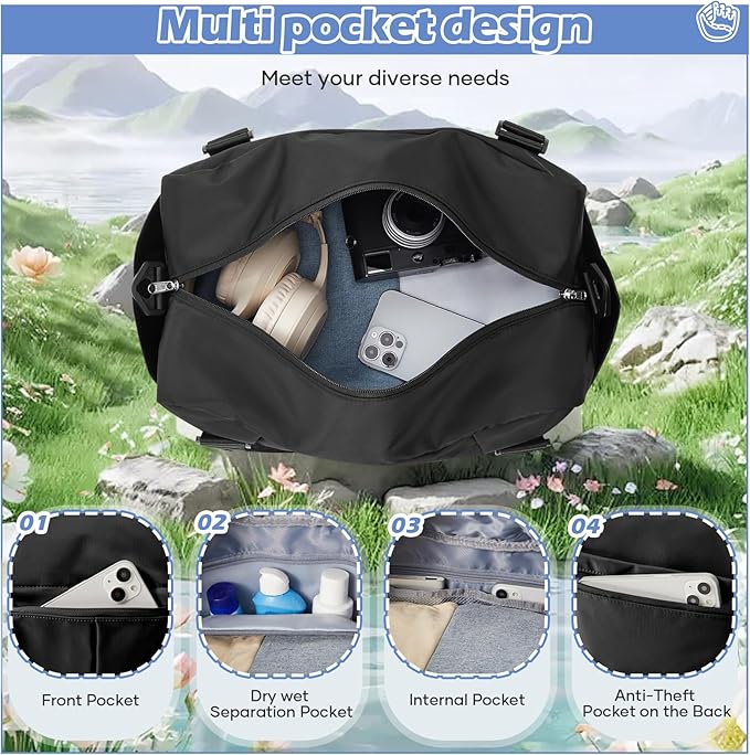 Small Black Gym Duffle Bag for Women Men with Shoe Compartment, Mini Cute Weekender Handbag Carry on Travel Bag for Airplane, Water Resistant Sports Yoga Tote Bag with Dry Wet Separated Pocket.