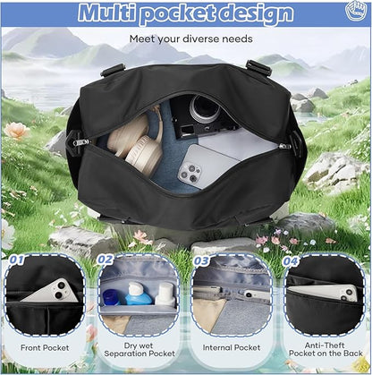 Small Black Gym Duffle Bag for Women Men with Shoe Compartment, Mini Cute Weekender Handbag Carry on Travel Bag for Airplane, Water Resistant Sports Yoga Tote Bag with Dry Wet Separated Pocket.