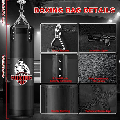 Punching Bag for Adults, 4FT PU Heavy Boxing Bags with Chain Ceiling Hook, Hanging Boxing Bag for Kickboxing Muay Thai Karate Judo Taekwondo Home Gym Training, Unfilled