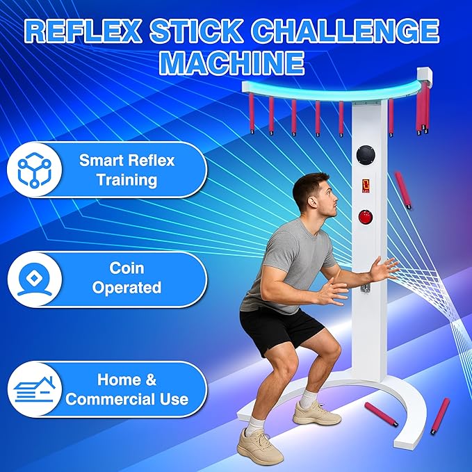 CAMINI Reflex Stick Challenge Game, Adjustable Speed Hand-Eye Coordination Trainer Arcade Machine for Events, Rentals, and Family Game Nights, LED Light & Music Reaction (White)