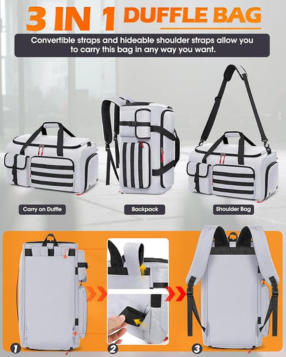 RAINSMORE Gym Bag for Men, 45L Sports Travel Duffel Bag with Shoe & Laptop Compartment, Gym Workout Backpack Carry On Weekender Bag Overnight Backpack for Travel, Grey