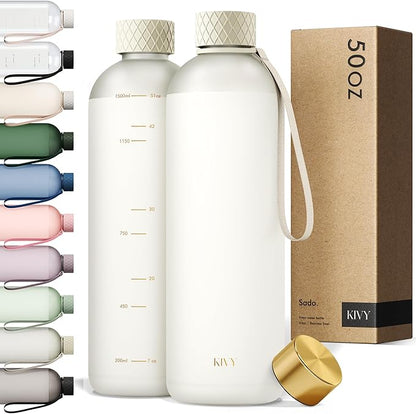 KIVY Large Water Bottle 50oz [Lightweight & Shatterproof] Fits Backpack & Cupholder for Travel, Sports, School - Extra large water bottle no straw - 1.5 Liter water bottles - 50oz Water bottle White