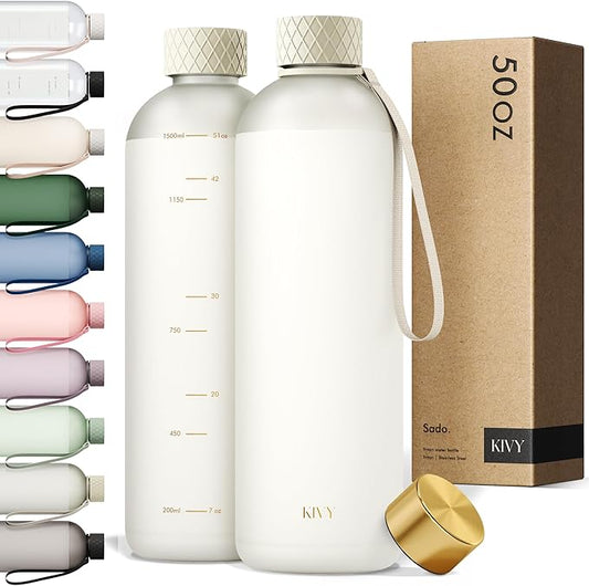 KIVY Large Water Bottle 50oz [Lightweight & Shatterproof] Fits Backpack & Cupholder for Travel, Sports, School - Extra large water bottle no straw - 1.5 Liter water bottles - 50oz Water bottle White